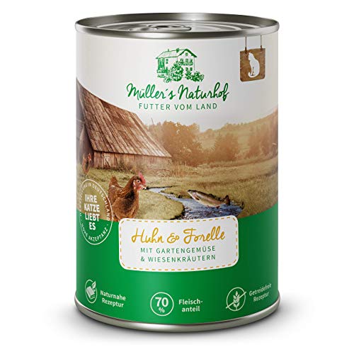 Müllers Naturhof - Nassfutter für Katzen - naturnahe Rezeptur - Huhn & Forelle - 12 x 400 g - getreidefrei - 70% Fleischanteil - ohne Tierversuche, Zucker, Farb-, Aroma-, & Konservierungsstoffe von Müller`s Naturhof FUTTER VOM LAND