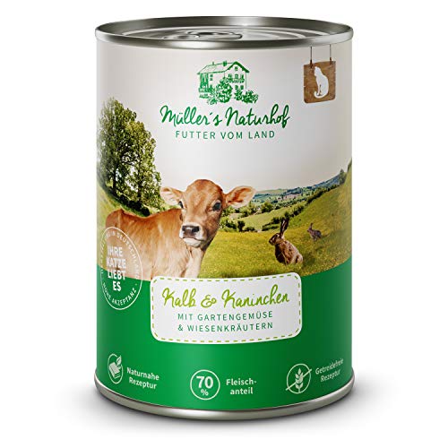 Müllers Naturhof - Nassfutter für Katzen - naturnahe Rezeptur - Kalb & Kaninchen - 24 x 400 g - getreidefrei - 70% Fleischanteil - ohne Tierversuche, Zucker, Farb-, Aroma-, & Konservierungsstoffe von Müller`s Naturhof FUTTER VOM LAND