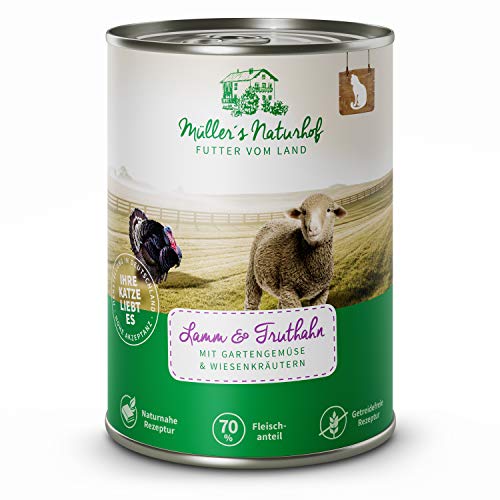 Müllers Naturhof - Nassfutter für Katzen - naturnahe Rezeptur - Lamm & Truthahn - 24 x 400 g - getreidefrei - 70% Fleischanteil - ohne Tierversuche, Zucker, Farb-, Aroma-, & Konservierungsstoffe von Müller`s Naturhof FUTTER VOM LAND