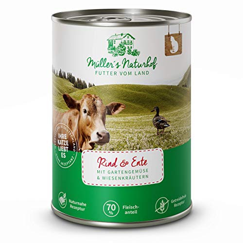 Müllers Naturhof - Nassfutter für Katzen - naturnahe Rezeptur - Rind & Ente - 24 x 400 g - getreidefrei - 70% Fleischanteil - ohne Tierversuche, Zucker, Farb-, Aroma-, & Konservierungsstoffe von Müller`s Naturhof FUTTER VOM LAND