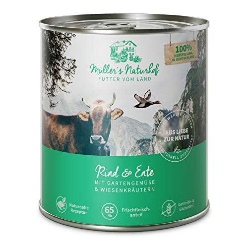 Müllers Naturhof - Rind und Ente - 6 x 800 g - Nassfutter für alle Hunderassen - getreidefrei und glutenfrei - mit Gartengemüse und Wiesenkräutern - naturnahe Rezeptur mit 65% Fleisch von Müller`s Naturhof FUTTER VOM LAND