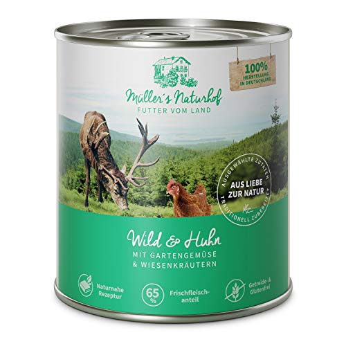 Müllers Naturhof - Wild und Huhn - 6 x 800 g - Nassfutter für alle Hunderassen - getreidefrei und glutenfrei - mit Gartengemüse und Wiesenkräutern - naturnahe Rezeptur mit 65% Fleisch von Müller`s Naturhof FUTTER VOM LAND