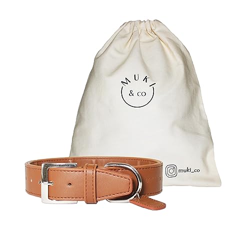 Muki & co ® Hochwertiges Hundehalsband aus veganem Leder - extra breit, komfortabel und pflegeleicht - Braun L 36-45 cm von Muki & co