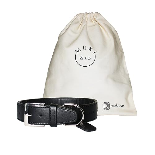 Muki & co ® Hochwertiges Hundehalsband aus veganem Leder - extra breit, komfortabel und pflegeleicht - Schwarz L 36-45 cm von Muki & co