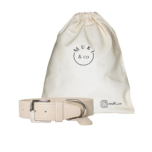 Muki & co ® Hochwertiges Hundehalsband aus veganem Leder - extra breit, komfortabel und pflegeleicht - Beige XL 46-55 cm von Muki & co