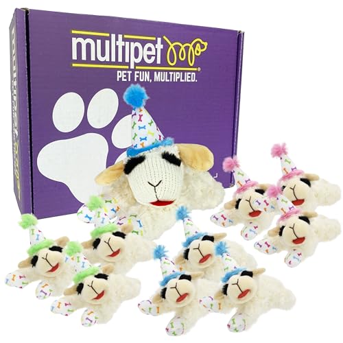 Multipet 10-teiliges Hundespielzeug-Set mit mittelgroßem Party-Lammkotelett mit blauem Hut und 9 verschiedenen Geburtstags-Mini-Lammkoteletts für die Party, Haustiergäste von Multi Pet