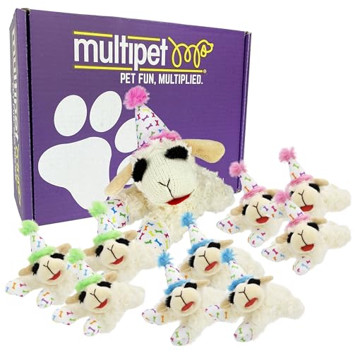 Multipet 10-teiliges Hundespielzeug-Set mit mittelgroßem Party-Lammkotelett mit rosa Hut und 9 verschiedenen Geburtstags-Mini-Lammkoteletts für die Party, Haustiergäste von Multi Pet