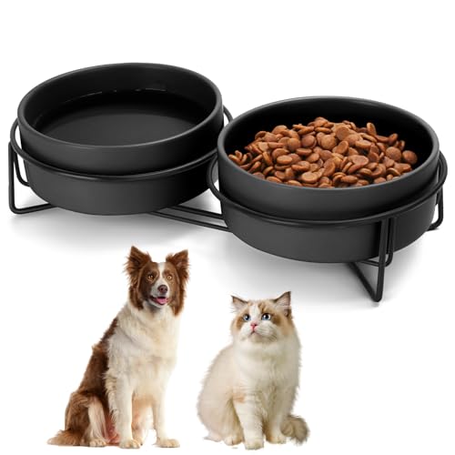 Keramiknapf für Hunde und Katzen, mit Ständer, 3,6 Tassen, Hundefutter und Wassernapf, geeignet für kleine und mittelgroße Haustiere (813.6 g, Schwarz) von MultiOutools