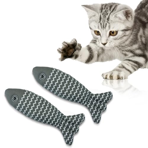 MultiValue 2 Pcs Soft Interactive Cat Toys Fish, Natural Cotton Linen Stuffed Cat Chew Toy Realistic Durable Plush Pillows Kitten Toy for Indoor Cat Toy for Indoor Cats (Grey) von MultiValue