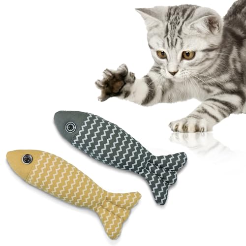 MultiValue 2 Stück weiches interaktives Katzenspielzeug Fisch, natürliches Baumwollleinen, gefülltes Katzen-Kauspielzeug, realistisches langlebiges Plüschkissen, Kätzchenspielzeug für von MultiValue