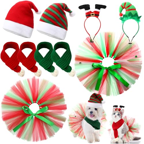 Mumucove Weihnachtskostüm-Set für Hunde, verstellbar, für Hunde, Elfen, Weihnachtsmannmützen, gestrickt, Rot und Grün, 10-teiliges Set von Mumucove