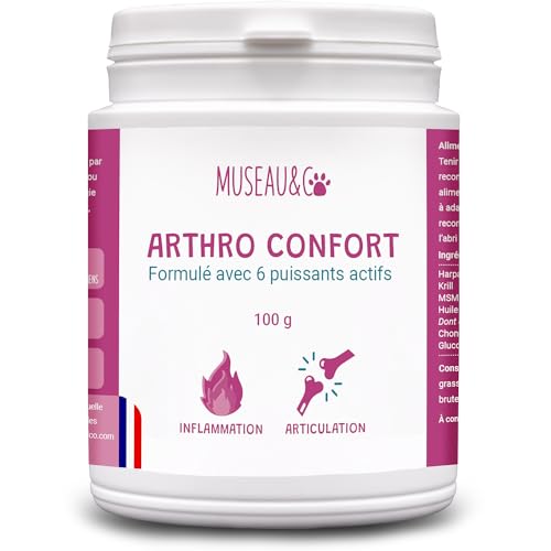 Museau & Co Arthro Confort – Arthrose Hund und Katze – Gelenke für Hunde – Beweglichkeit – Entzündungen – Chondroitin, Glucosamin, Omega 3, MSM, Harpagophytum, Krill – 100 g, hergestellt in Frankreich von Museau & Co