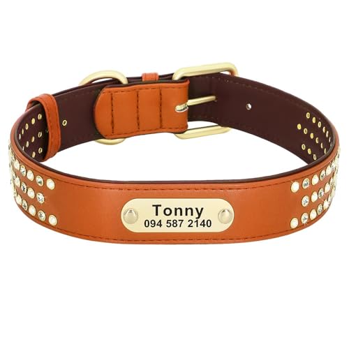 Benutzerdefiniertes Hundehalsband,Personalisiertes Haustier-ID-Halsband,Gepolsterte Gravur,Kristallhalsbänder,Verstellbar Für Kleine,Mittelgroße Und Große Hunde,braun,XL von Muziner