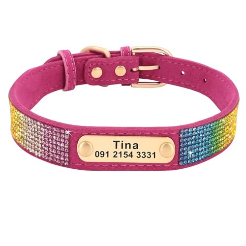 Benutzerdefiniertes Kristall-Hundehalsband,Weiches Haustier-ID-Halsband,Personalisierte Halsbänder,Verstellbar Für Kleine,Mittelgroße Und Große Hunde Und Katzen,Rosenrot,XS von Muziner