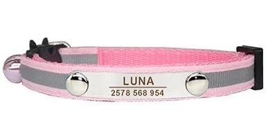 Benutzerdefiniertes Reflektierendes Katzenhalsband,Personalisierte ID,Verstellbare Sicherheitsschnalle Mit Glöckchen,Nylon-Welpen-Kätzchen-Halskette,C-Rosa,7-12 Zoll von Muziner