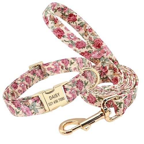 Blumen-Hundehalsband-Leine-Set,Individuell Gestaltet,Für Kleine,Mittelgroße Und Große Hunde,Haustierhalsbänder,Blumendruck,Nylon-Hundehalsbänder Mit Leckerli-Tasche,Beige Halsbandleine,L von Muziner