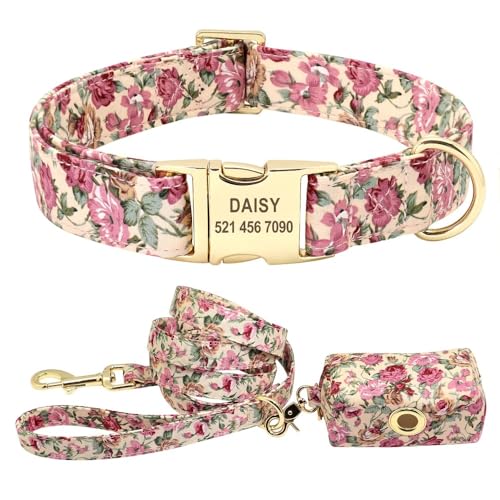 Blumen-Hundehalsband-Leine-Set,Individuell Gestaltet,Für Kleine,Mittelgroße Und Große Hunde,Haustierhalsbänder,Blumendruck,Nylon-Hundehalsbänder Mit Leckerli-Tasche,Snack-Tasche,Beiges Set,L von Muziner