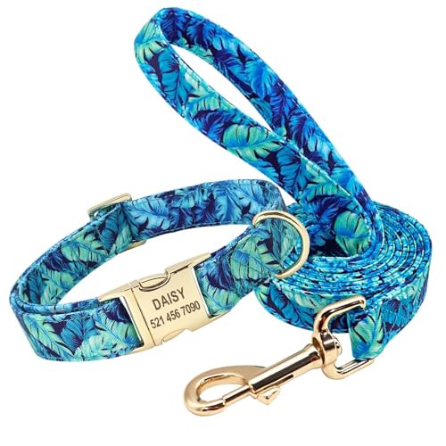 Blumen-Hundehalsband-Leine-Set,Individuell Gestaltet,Für Kleine,Mittelgroße Und Große Hunde,Haustierhalsbänder,Blumendruck,Nylon-Hundehalsbänder Mit Leckerli-Tasche,Snack-Tasche,Blaue Kragenleine,L von Muziner