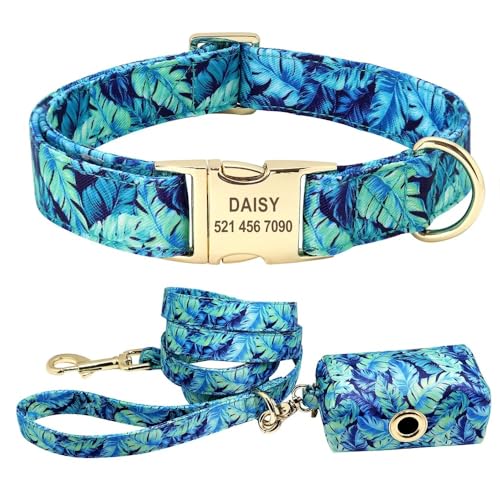 Blumen-Hundehalsband-Leine-Set,Individuell Gestaltet,Für Kleine,Mittelgroße Und Große Hunde,Haustierhalsbänder,Blumendruck,Nylon-Hundehalsbänder Mit Leckerli-Tasche,Snack-Tasche,Blaues Set,L von Muziner