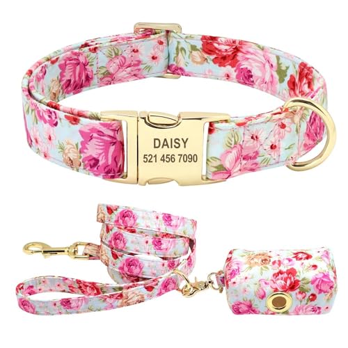 Blumen-Hundehalsband-Leine-Set,Individuell Gestaltet,Für Kleine,Mittelgroße Und Große Hunde,Haustierhalsbänder,Blumendruck,Nylon-Hundehalsbänder Mit Leckerli-Tasche,Snack-Tasche,Rosa Set,L von Muziner