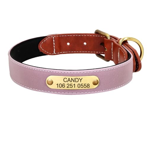 Graviertes Hunde- Und Katzenhalsband,Reflektierendes Leder-Welpenhalsband,Individuelle Hunde- Und Katzenhalsbänder,Personalisiert Für Kleine,Mittelgroße Und Große Hunde,Bulldoggen,Pink,XXL von Muziner