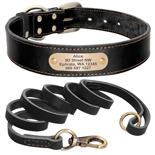 Hundehalsband-Leine-Set,Personalisierte Hundehalsbänder,Leinen,Individuell Für Kleine,Mittelgroße Und Große Hunde,Pitbull,Schwarze Halsbandleine,L von Muziner