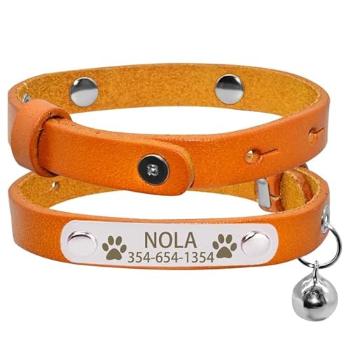 Katzenhalsband,Personalisiertes Namensschild,Weiches,Langlebiges Katzenhalsband,Glöckchen-Halskette,Individuell Graviertes Namensschild,Kätzchenhalsband,Orange,L(24cm-30cm) von Muziner