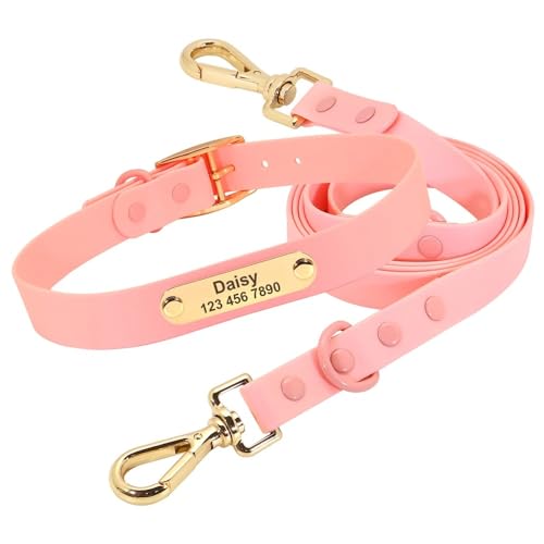 Maßgeschneidertes Hundehalsband-Leine-Set,wasserdichte Halskette Für Hunde Und Katzen,Personalisierte Haustier-ID-Halsbänder Mit Führleine Für Kleine Große Hunde,Pink Set,L von Muziner