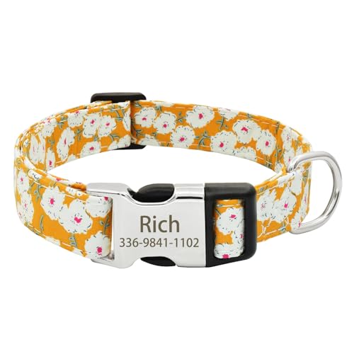 Personalisiertes,Verstellbares Blumen-Hundenamenshalsband Mit Gravierter Schnalle,Individuelles Weiches Blumen-Hundehalsband Für Kleine,Mittelgroße Und Große Hunde,Gelb-2,S(24cm-35cm) von Muziner