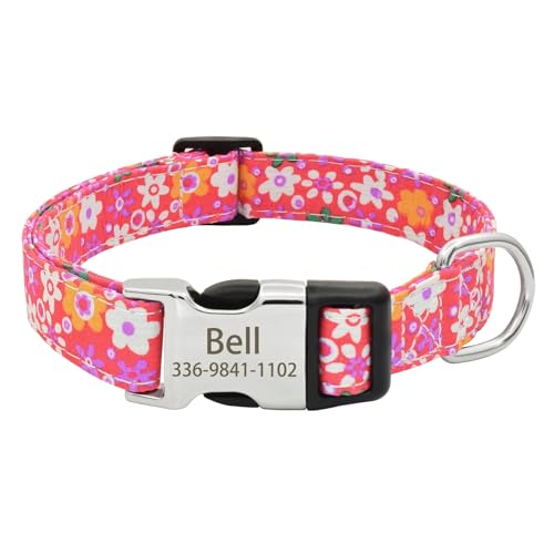 Personalisiertes,Verstellbares Blumen-Hundenamenshalsband Mit Gravierter Schnalle,Individuelles Weiches Blumen-Hundehalsband Für Kleine,Mittelgroße Und Große Hunde,Rot,S(24cm-35cm) von Muziner