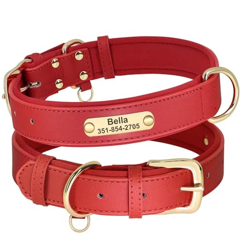 Personalisiertes Hunde-ID-Halsband,Anti-Verlust-Hundemarken-Halsbänder,Weich Gepolsterte Lederhalsbänder Für Kleine,Mittelgroße Hunde,Chihuahua,Red,L von Muziner