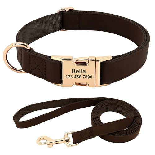 Personalisiertes Hundehalsband,Haustierhalsbänder Und Leine-Set,Chihuahua-Halskette,Individueller ID-Name Für Kleine,Mittelgroße Und Große Hunde,braunes Set,M von Muziner