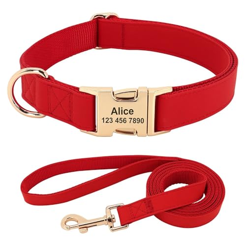 Personalisiertes Hundehalsband,Haustierhalsbänder Und Leine-Set,Chihuahua-Halskette,Individueller ID-Name Für Kleine,Mittelgroße Und Große Hunde,rotes Set,M von Muziner