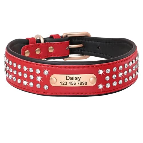 Personalisiertes Hundehalsband,Individuelles Strass-Hundehalsband Mit Schnalle,Graviertes ID-Halsband Für Mittelgroße Und Große Hunde,Rot,XL von Muziner