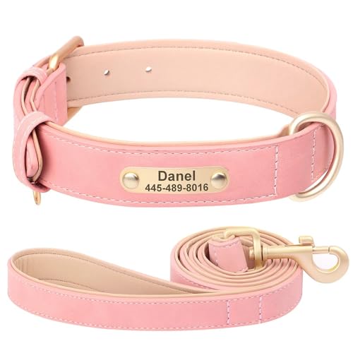 Personalisiertes Hundehalsband,Leine,Hundehalsbänder,Haustier-Walking-Führleine Für Kleine,Mittelgroße Und Große Hunde,Individuelles ID-Namensschild,Rosa Set,L von Muziner