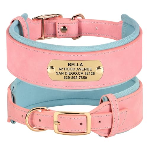 Personalisiertes Hundehalsband,Weiche,Breite,Gepolsterte Halsbänder Für Mittelgroße Und Große Hunde Mit Eingraviertem Namensschild. Hundezubehör,Rosa,L von Muziner