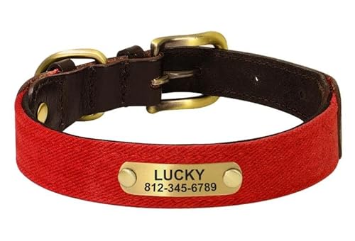 Personalisiertes Hundehalsband Aus Vintage-Stoffen,Hundewelpenhalsbänder Mit Gravur,Individuelle Haustierhalskette Für Kleine,Mittelgroße Und Große Hunde,Rot,S von Muziner