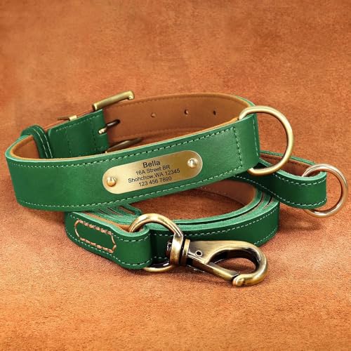 Personalisiertes Hundehalsband-Leine-Set,Individuelle Hundehalsbänder Mit Graviertem Namensschild Für Kleine,Mittelgroße Und Große Hunde,Pitbull,Grünes Set,2XL von Muziner