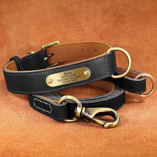 Personalisiertes Hundehalsband-Leine-Set,Individuelle Hundehalsbänder Mit Graviertem Namensschild Für Kleine,Mittelgroße Und Große Hunde,Pitbull,Schwarzes Set,2XL von Muziner