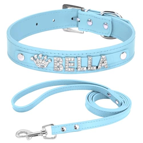 Personalisiertes Hundehalsband-Leine-Set,Welpen-Kätzchen-Halsbänder,Halskette,Buchstaben-Anhänger Für Kleine Große Hunde Und Katzen,Blau,36-46cm von Muziner