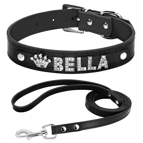 Personalisiertes Hundehalsband-Leine-Set,Welpen-Kätzchen-Halsbänder,Halskette,Buchstaben-Anhänger Für Kleine Große Hunde Und Katzen,Schwarz,27-33cm von Muziner