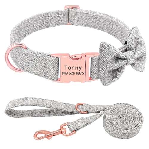 Personalisiertes Hundehalsband-Leinen-Set Weich Mit Schleife,Individuell Gravierter Name,Nylon-Hundehalsband-Leinendruck Für Kleine,Mittelgroße Und Große Hunde,Grau,S von Muziner