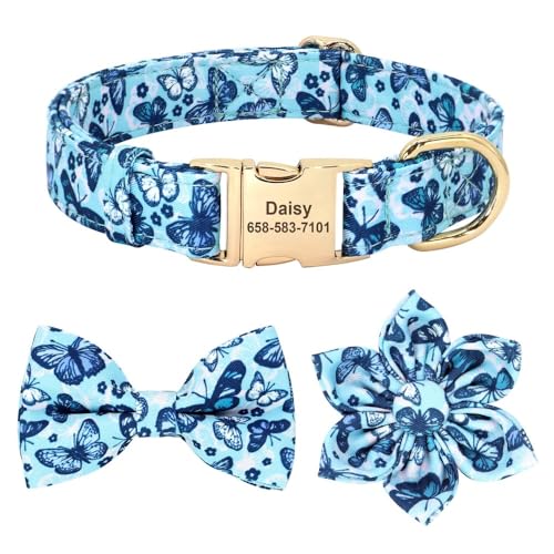 Personalisiertes Hundehalsband Mit Blumen-Schleife,Haustierhalsbänder,Weiche Fliege,Chihuahua-Halskette,Individueller ID-Name Für Kleine,Mittelgroße Und Große Hunde,Blau,L von Muziner