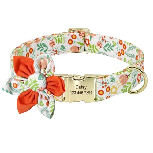 Personalisiertes Hundehalsband Mit Blumenmuster,Nylon-Hunde-ID-Halsbänder Mit Graviertem Namensschild Für Kleine,Mittelgroße Und Große Hunde,Chihuahua,Mops,Orange,M von Muziner