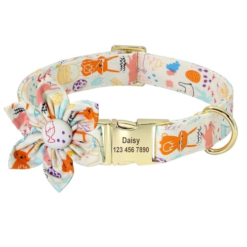 Personalisiertes Hundehalsband Mit Blumenmuster,Nylon-Hunde-ID-Halsbänder Mit Graviertem Namensschild Für Kleine,Mittelgroße Und Große Hunde,Chihuahua,Mops,Weiß,L von Muziner