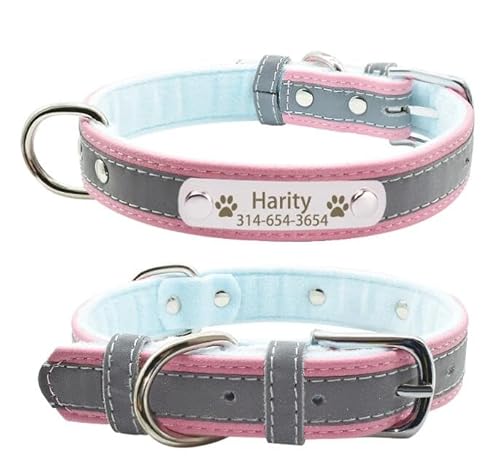 Personalisiertes Hundehalsband Mit ID-Namen,Individuell Graviertes Namensschild,Gepolstertes Hundehalsband Für Kleine,Mittelgroße Und Große Hunde,Plus Fleece-Rosa,L von Muziner