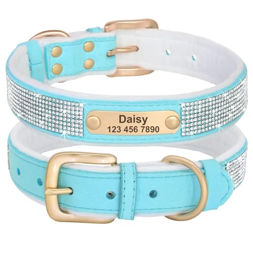 Personalisiertes Hundehalsband Mit Kristall-Hundehalsband,Anti-Verlust,Weich Gepolstertes ID-Halsband Mit Gravur Für Kleine,Mittelgroße Und Große Hunde,Blue,M von Muziner