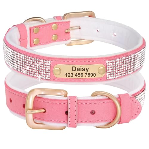 Personalisiertes Hundehalsband Mit Kristall-Hundehalsband,Anti-Verlust,Weich Gepolstertes ID-Halsband Mit Gravur Für Kleine,Mittelgroße Und Große Hunde,Rosa,2XL von Muziner