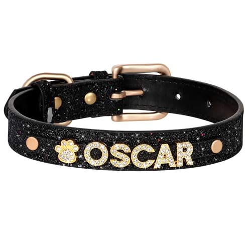 Personalisiertes Hundehalsband Mit Pailletten-Halskette,Legierungsschnalle,Hunde- Und Katzennamenshalsbänder Für Kleine Große Hunde,Schwarz,20-25cm von Muziner