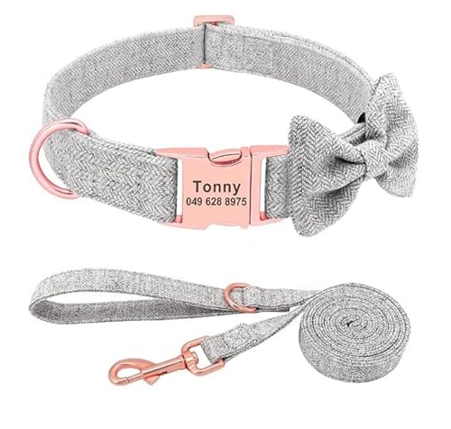 Personalisiertes Hundehalsband-Set,Weich,Mit Schleife,Individuell Gravierter Name,Nylon-Hundehalsband,Leinendruck Für Kleine,Mittelgroße Und Große Hunde,Grau,M von Muziner